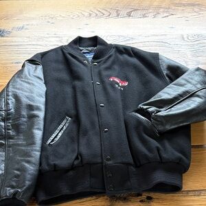 Custom Holloway Black Wool Body Varsity Bomber Jacket w/ Black Leather Sleeves L